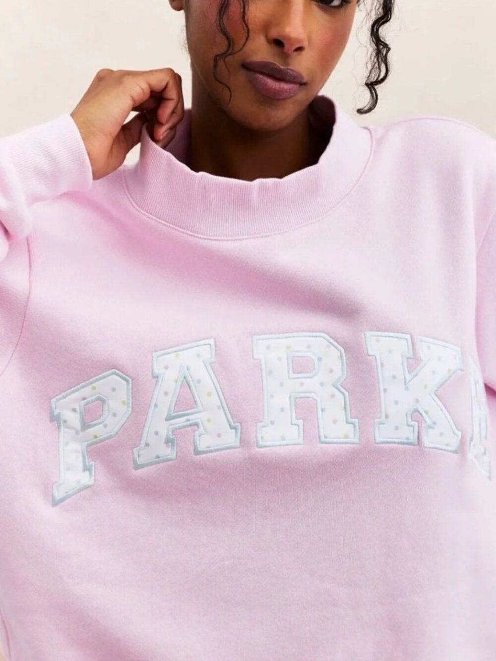 Parke Pink Mock Neck Sweatshirt Polka Dot Logo Patch S/M Oversized